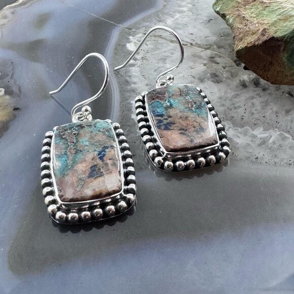 Sterling Southwestern Style Rectangle Shattuckite Dangle Earrings For Women - Picture 4 of 10